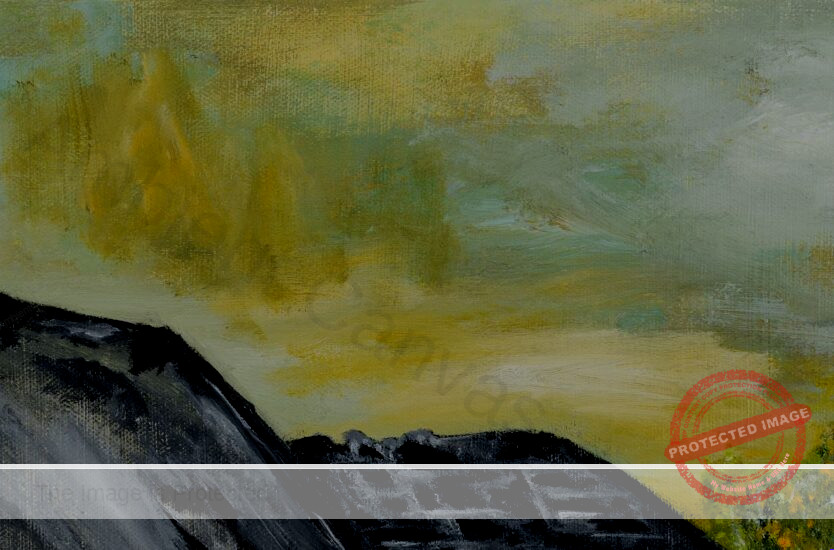 #Acrylic on Canvas-miss-normas-barn- Ambient Canvas-med-2500 pxl | Ambient Canvas's Barn - Sky panel view -Grey barn with a steep roof in a green meadow, yellow wildflowers, and rocky foreground under a yellow-blue sunset sky.