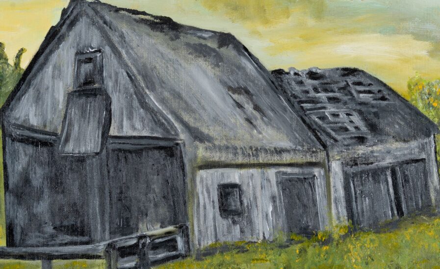 #Miss Norma's Barn - Acrylic painting on Canvas - | Ambient Canvas's Barn - acrylic painting on canvas -FOCUS on Barn- Dark gray barn with a steep, triangular roof sits in a grassy field dotted with yellow wildflowers and a wooden fence to the left.